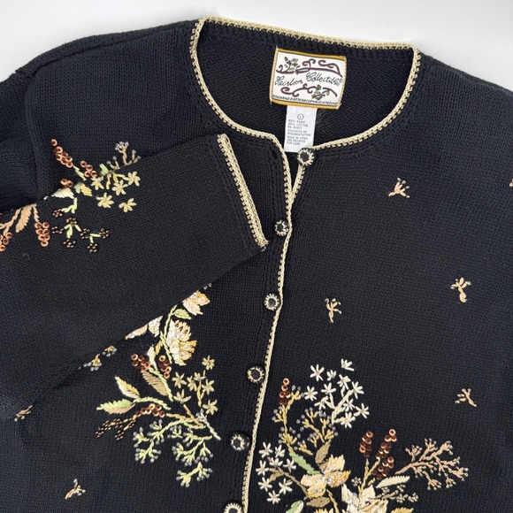 Heirloom Collectibles Sweaters - Heirloom Collectible Large Vintage Floral Embroidered Sequin Cardigan Black Gold